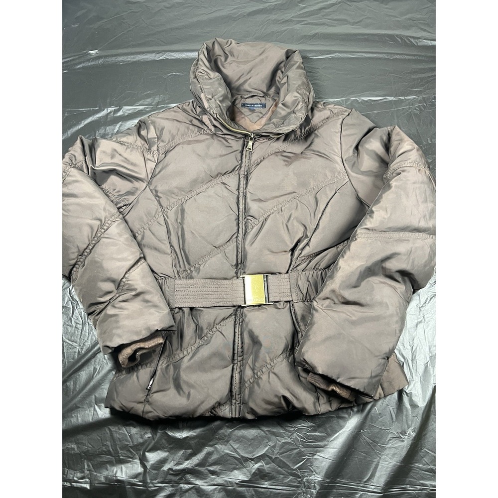 "Tommy Hilfiger Womens Small Brown Puffer Jacket Belted Gold Buckle Coat Size S"